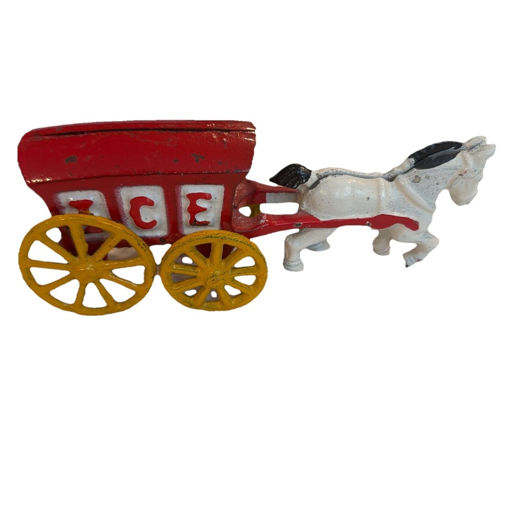 Vtg 1975 Chadwick Cast Iron Red Ice‎ Wagon White Horse Drawn Cart Carriage Toy